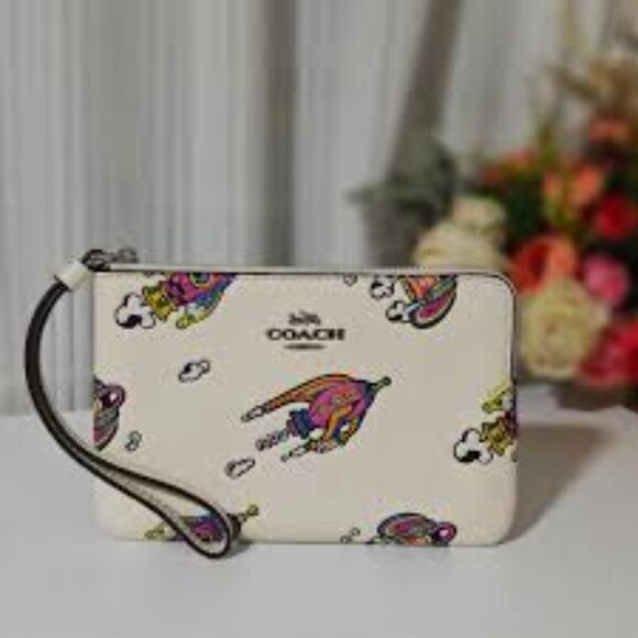 Coach Cosmic Corner Zip Wristlet With Rocket Print - Picture 1 of 6